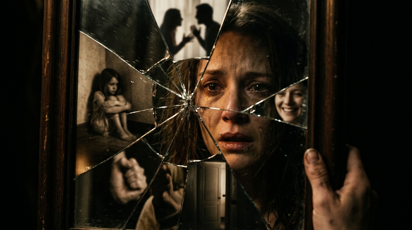 A woman's face fractured across a shattered mirror, each shard reflecting a different memory.