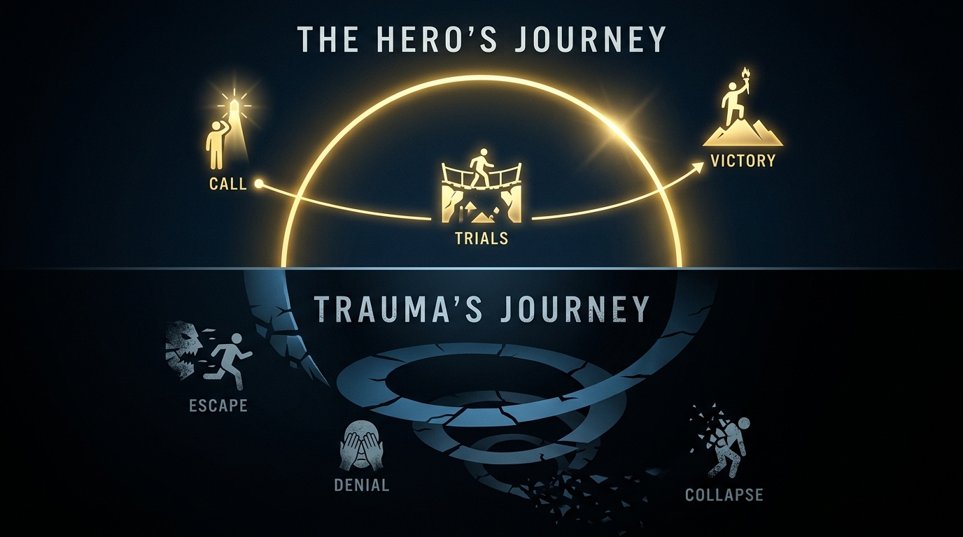 Diagram comparing the classic Hero's Journey (Call, Trials, Victory) against Trauma's Journey (Escape, Denial, Collapse).