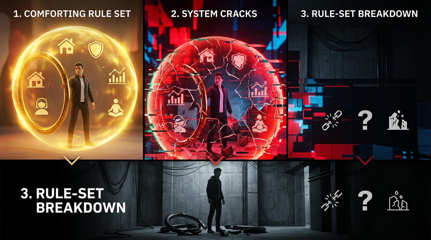 Three-panel infographic: Comforting Rule Set (a glowing protective ring), System Cracks (the ring fracturing under glitch effects), and Rule-Set Breakdown (a figure alone in a dark concrete room).