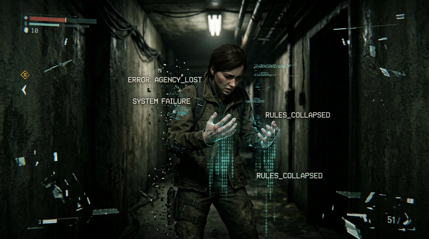 A player character standing frozen in a corridor as UI text reads ERROR: AGENCY_LOST, SYSTEM FAILURE, and RULES_COLLAPSED, their hands dissolving into fragments and code.