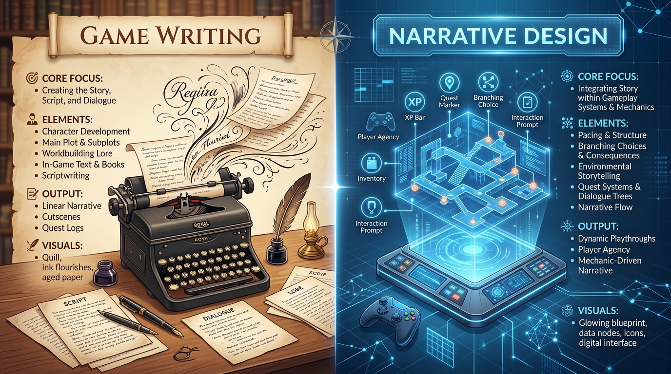 Side-by-side comparison illustration: Game Writing (typewriter, quill, lore pages) versus Narrative Design (glowing systems blueprint, player agency icons, mechanics).
