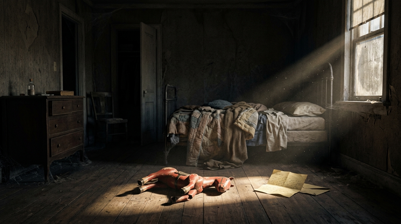 A dark, abandoned bedroom lit by a single shaft of window light, with a toy horse and an unfolded letter left on the floor.